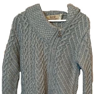 Aran Irish Ireland Long Coatigan Sweater Coat Cardigan Celtic Knot Side Zip Blue